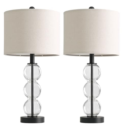 Oneach 25" Glass Table Lamps Set of 2, Black Modern Table Lamps with USB Ports for Living Room, Linen Shade Bedside Lamps for Bedroom, Nightstand, Side Table (Bulbs not Included) - color: Black