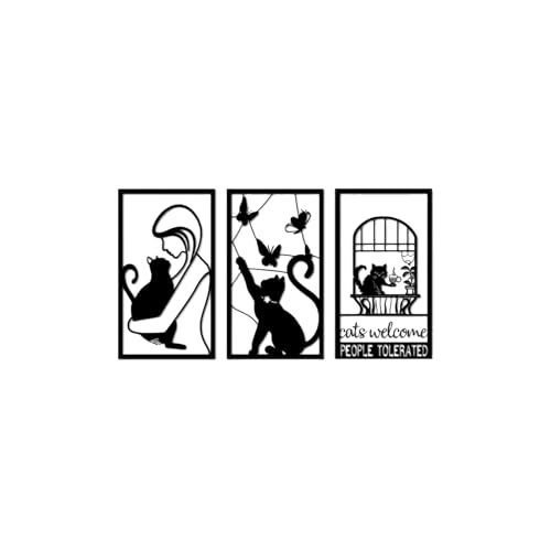 GSANMU Metal Cat Butterfly Wall Decor - Set of 3 Cute black line decor Iron Hanging Wall Art for Living Room and Bedroom 17×10 inch - color: Black(cat)