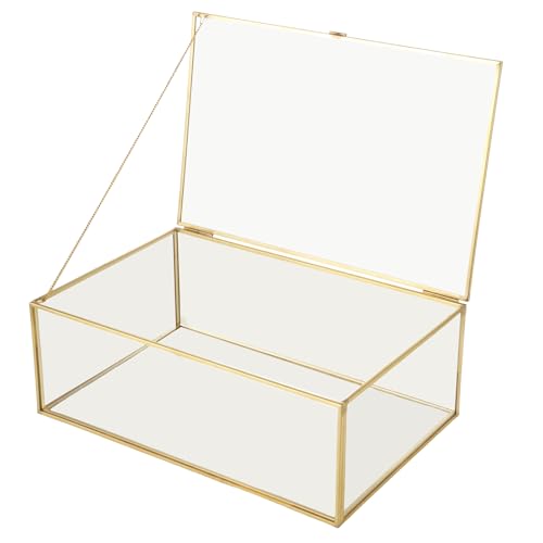 YAYODS 10.8” Glass Jewelry Box Gold Keepsake Box, Large Gold Card Box with Hinged Lid, Glass Display Box for Storage Wedding Card, Trinkets, Photo and More, Vintage