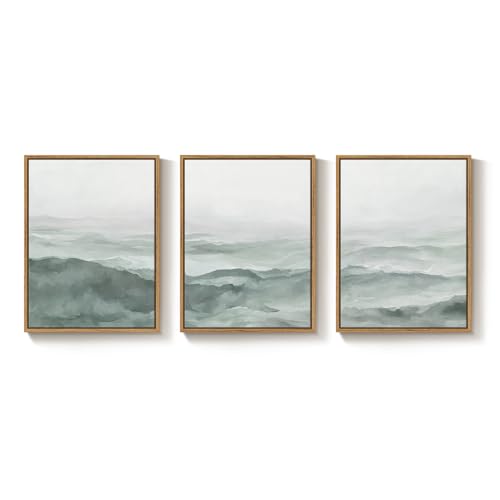Framed Green Misty Mountain Landscape Canvas Wall Art Bedroom, 12x16 Inch - color: Pastel Green, size: 12" W x 16" H x 3Pcs
