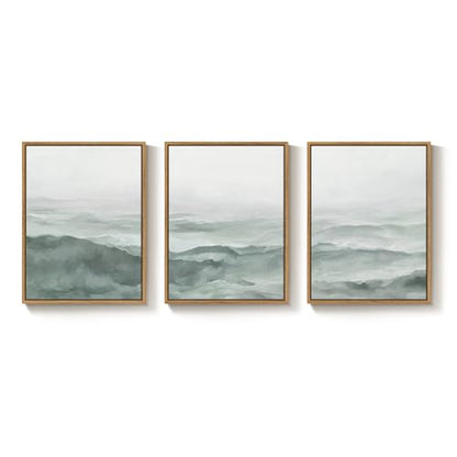 Framed Green Misty Mountain Landscape Canvas Wall Art Bedroom, 12x16 Inch - color: Pastel Green, size: 12" W x 16" H x 3Pcs