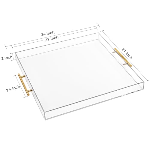 Extra Large Clear Acrylic Serving Tray (21×21 Inches) with Gold Handles Spill Proof Acrylic Over Size Big Decorative Tray Organiser for Ottoman Coffee Table Countertop - size: 21×21 Inches