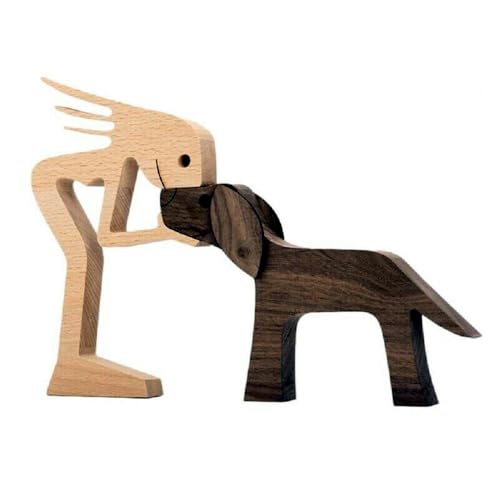 Unique Gift Hand Carved Wood Human Statue Figurine Sculpture Home Office Decor, Wooden Man Dog Carving Model to Remember Friendship Between Dog and People - color: B