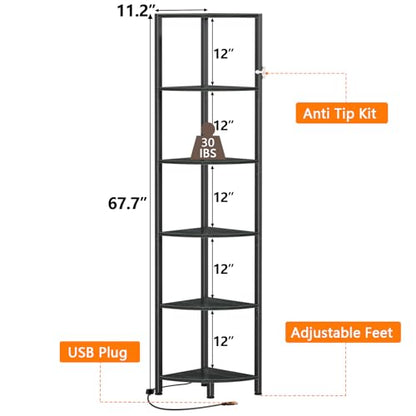Furnulem 6 Tier Corner Shelf with LED Light, 67.5" Black Narrow Bookshelf - color: Black Oak