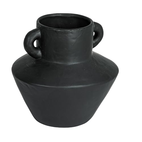 Bloomingville Round Stoneware Vase with Reactive Glaze Finish and Vertical Handles, Black - color: Black