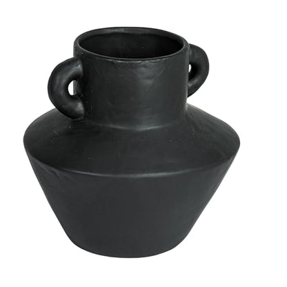 Bloomingville Round Stoneware Vase with Reactive Glaze Finish and Vertical Handles, Black - color: Black