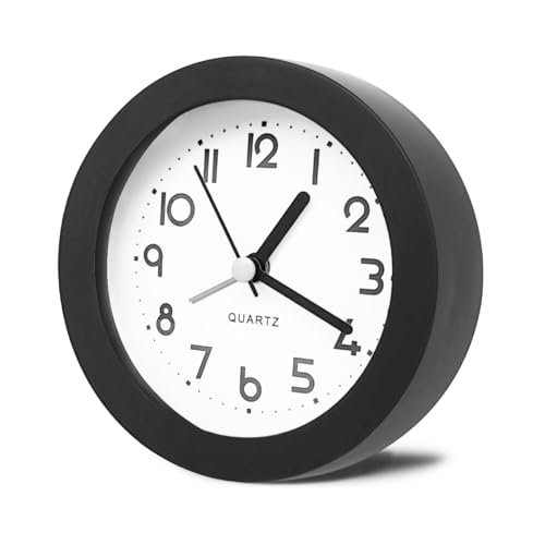 HIQU and HIST Alarm Clock with Backlight, 4 Inches Cute Analog Round Digital Quartz Clock, Non Ticking, Battery Operated,Simply Design for Living Room, Bedroom,Bedside, Desk Decorative (Black) - color: Black