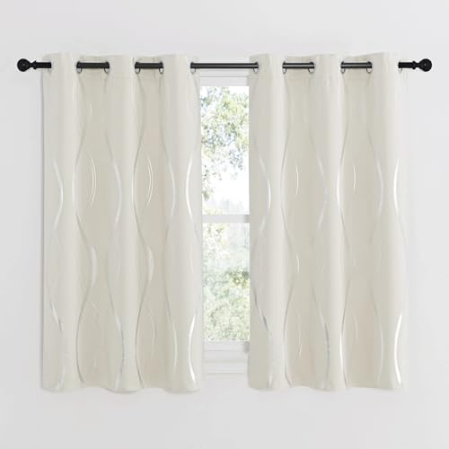 NICETOWN Beige Kitchen Curtains Small Blackout Panels 34 by 54 Inch, Set of 2, Window Treatment Thermal Insulated Solid Grommet Room Darkening Wave Line Foil Print Design Drapes for Cafe, Loft - color: 1 - Beige, size: 34"W x 54"L (Pack of 2)