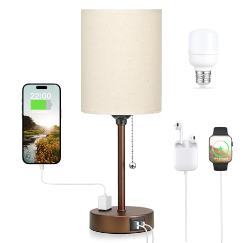 Small Bedside Table Lamp for Bedroom, Desk Lamp with USB Ports for Dorm - color: Beige-Brown, size: 14.6 in