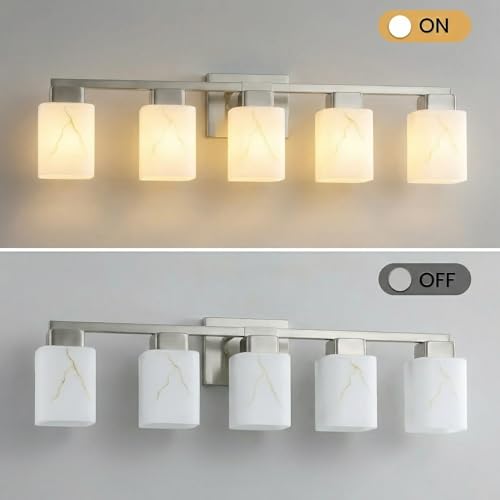 5-Light Square Bathroom Light Fixture, Brushed Nickel Modern Vanity Light with White Marble Glass Shade, for Bathroom Mirror, Living Room, Bedroom, Hallway, E26 Base - color: Brushed Nickel, size: 5-Light
