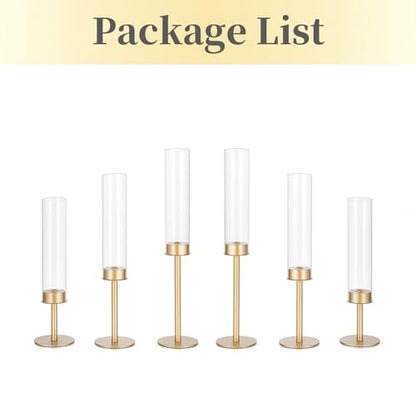 Hewory Gold Candlestick Holders: 6PCS Glass Hurricane with Brass Base - color: Matte Gold, size: 6pcs