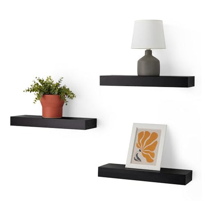 Amazon Basics Wood Floating Wall Shelves, 3-Pack, Black, 15.8" x 5" x 1.8" - color: Black