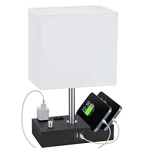 White Table Lamp for Bedroom - Stepless Dimmable, USB C+A, 2 AC Outlets - color: White with Knob Switch, size: 1 Pack