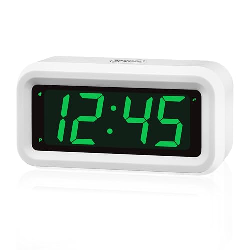 KWANWA 1.2 Inch Large Display Digital Alarm Clock for Kids & Adults, Dimmable LED Clock with Adjustable Brightness, Easy Snooze, Battery Operated Cordless Desk Clock for Bedroom, Kitchen - color: White Case-green Led