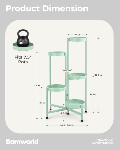 Bamworld Plant Stand Indoor Outdoor 5 Tier Corner Plant Shelf Metal Holder - color: Mint Green, size: 5 Tiers