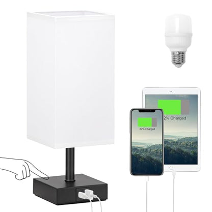 Touch Table Lamp for Bedroom - Dimmable, USB C+A, White Lamphade Black Base - color: White & Black