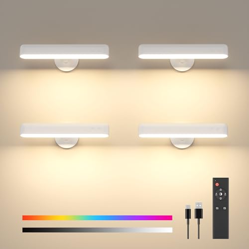 PopoIron 4 Pack Wall Sconces Rechargeable 7500mAh Battery Operated Wall Lights Cordless LED Wall Lamp, Touch and Remote Control, 3 Colors Wall Lamps 360° Rotate Dimmable Brightness with 15 RGB Colors - color: White-4P