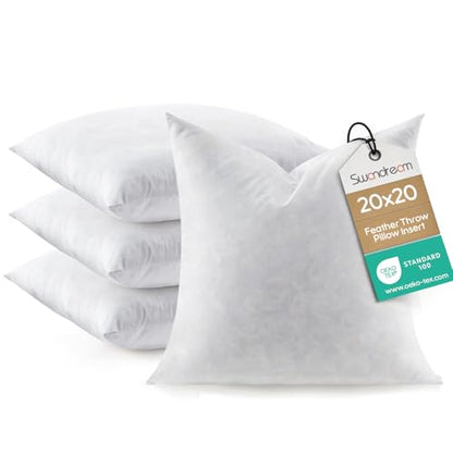 Feather Throw Pillow Inserts Set of 4, Soft Fluffy Square 20 x 20 Inches Decorative Pillow Insert, Feather and Down Euro Pillows for Bed, Couch and Cushion - size: 20 x 20-Inch