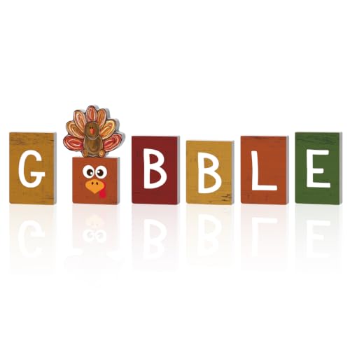 Smile 7 Pcs Thanksgiving Decor Indoor Wooden Sign, Turkey Gobble for Rustic Farmhouse Home, Thanksgiving Table Tiered Tray Kitchen Decorations. - style: Gobble
