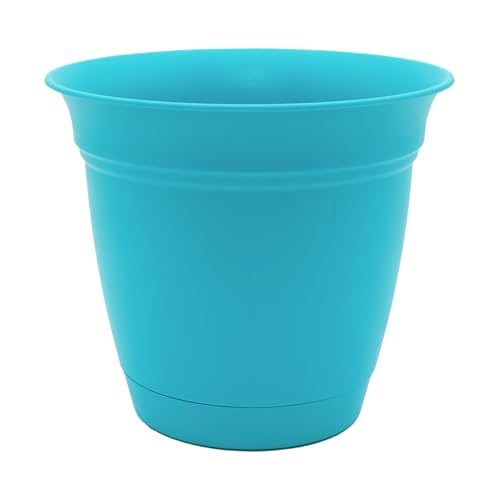 The HC Companies Eclipse Round Planter With Saucer - Outdoor & Indoor Plant Pot with Drainage Holes - Lightweight, UV-Resistant Plastic Pots For Plants, Flowers & Herbs (12" Teal, Pack of 1) - color: Teal