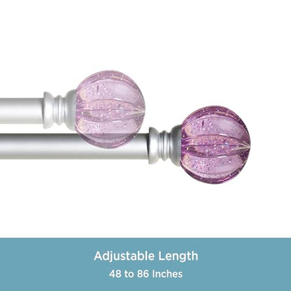 Kenney – Estrella Curtain Rod, Durable Steel with Purple Sparkle Fluted Acrylic Ends, 5/8" Diameter, Adjustable 48–86", Brushed Nickel Finish