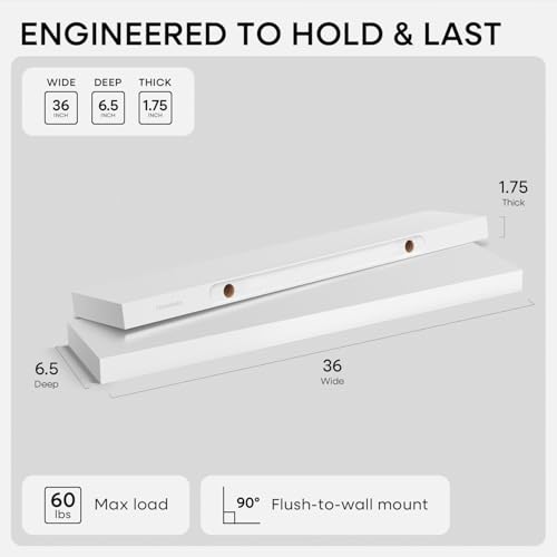 Homeforia 36 Inch Floating Shelves, High-End Solid Pine Wood, Set of 2 - color: Classic White - Soft Neutral Satin, size: 36 inch