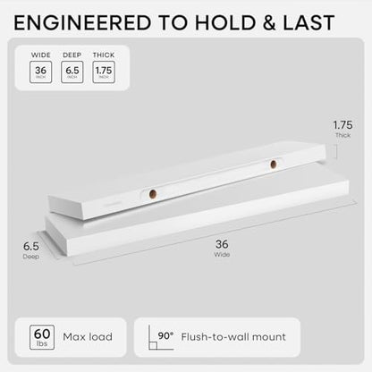 Homeforia 36 Inch Floating Shelves, High-End Solid Pine Wood, Set of 2 - color: Classic White - Soft Neutral Satin, size: 36 inch