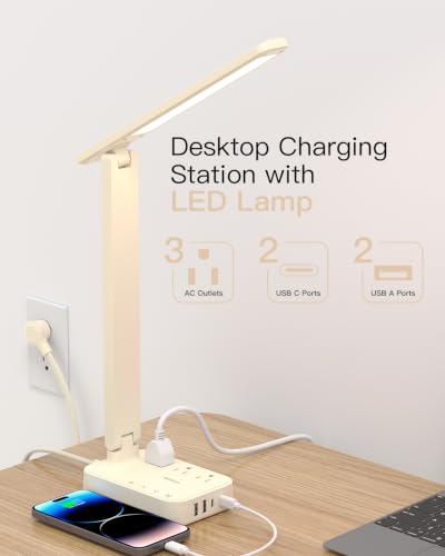Addtam LED Desk Lamp, Power Strip with 3 Outlets 4 USB Charging Ports(2 USBC), 4 Modes 5 Level Brightness Touch Lamp, Small Desk Lamp for Home Office College Dorm Room Essentials, Cream - color: Cream, size: 5 FT