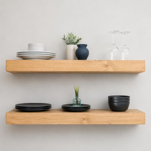 Urbandi Modern Floating Shelves 3 Inches Thick for Wall, Wide Shelves for Kitchen, Living Room, Bedroom, and Bathroom, Natural Pine Wood, Rustic Wooden Shelf, (Set of 2) (Aged Oak, 36Lx3Hx6D) - color: Aged Oak, size: 36Lx3Hx6D