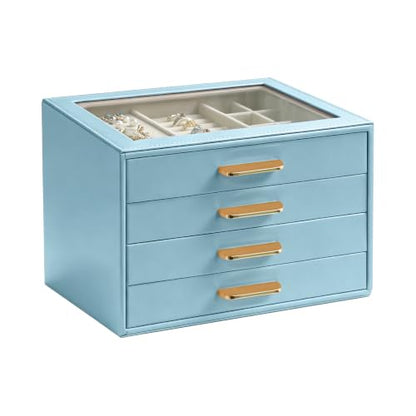 Homeanda Jewelry Boxes Organizer with Glass Lid, 4-Layer PU Leather, Blue - color: Smoky Blue, size: 4 Layer