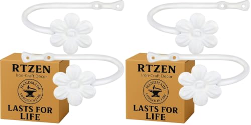 RTZEN Decorative Metal Curtain Tiebacks - Farmhouse Wrought Iron Curtain Holdbacks - Drapery Holders for Wall - Unique Metal Tie Backs for Curtains - 2 Pcs (White Flower) (Pack of 2) - size: Medium (Pack of 2), style: Flower - W