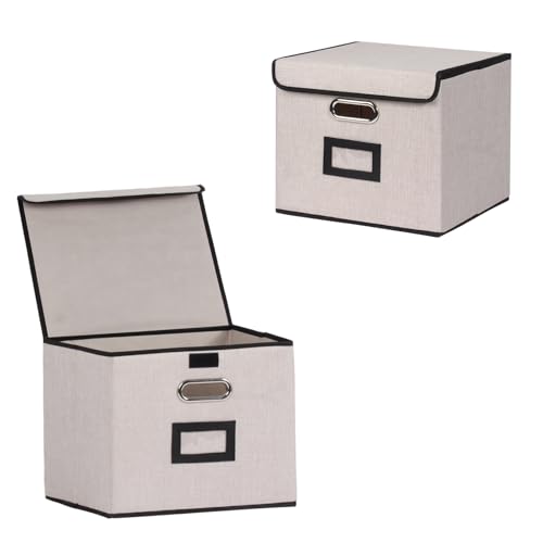 Large Square Storage Bin with Lid, Foldable Organizer Box with Handles & Label Design, for Office, Closet, Home, Documents, Grey, 12.20 x 10.63 x 10.63 Inches, 2 Pack - color: Grey, style: Square - 2 Pack