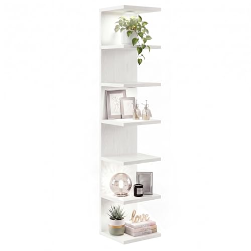 7-Tier Floating Shelves for Wall, Corner Shelf with LED Lights Lack Shelf for Home Organizer Display, Space-Saving, for Kitchen, Living Room, Bedroom, Modern, White - color: White