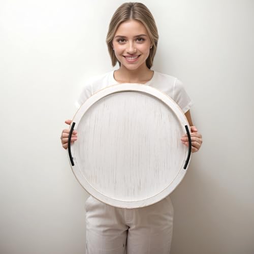 SwallowLiving 18Inch White Wooden Beaded Serving Tray with Handle Decorative Rustic Whitewashed Tray for Coffee Table Farmhouse Round Tray for Kitchen, Living Room and Bedroom - color: White, size: 18"