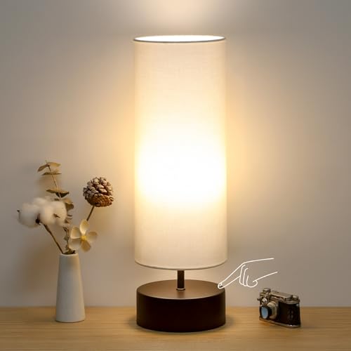 3 Way Dimmable Touch Control Table Lamp, Bedside Table Lamp with Dark Brown Base, Modern Nightstand Lamp with Beige Shade, Simple Night Light for Bedroom Living Room Home Office, 9W LED Bulb Included - color: Brown Base with Beige Shade