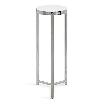 Kate and Laurel Aguilar Glam Round Drink Table, 8 x 8 x 23, Silver and White, Small Accent Table for Use as Plant Pedestal Stand with Marble Tabletop