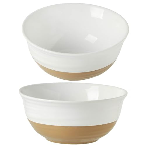 HASENSE Large Ceramic Serving Bowls Set of 2, 60 Oz 8.5 Inch White & Terracotta Stoneware Bowls, Farmhouse Bowls for Salad, Soup & Pasta, Dishwasher & Microwave Safe, Christmas Entertaining Dishes - color: White, size: 65 oz