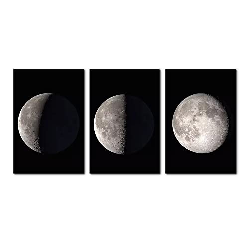 Pacimo Moon Canvas Prints Wall Art Space Pictures Paintings Modern Gallery Wrapped Black and White Abstract Sky Giclee Artwork for Living Room Bedroom Home Office Decor Ready to Hang - 16"x24"x3 Panel - color: Wallart-03, size: 16" x 24" x 3 Panels