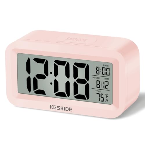 Travel Digital Alarm Clock Battery Operated with Indoor Temperature, Desk Small Clock,Snooze Model,12/24H Display for Bedrooms Heavy Sleepers Kids Travel Bathroom - color: Pink