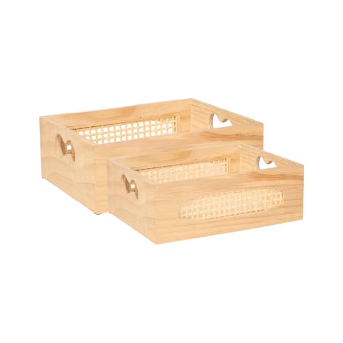 Wooden Rattan Storage Baskets with Handles, Set of 2