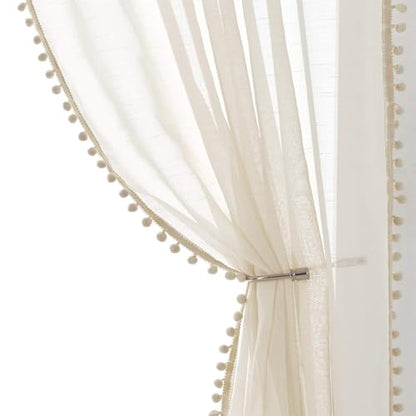 Pom Pom Linen Sheer Curtains for Living Room 63 Slub Textured Natural Beige - color: Natural, size: 52"W x 63"L (Pack of 2)