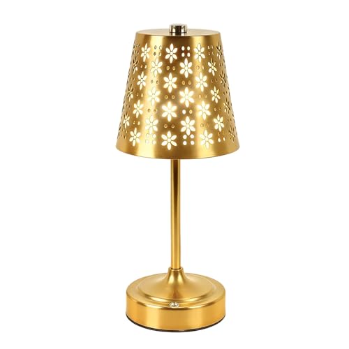 Cordless Table Lamp with Floral Cutout Shade, Portable Light,Gold - color: Gold