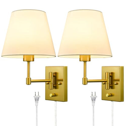 SAMTEEN Modern Gold Plug in Wall Sconces with Linen Shade Set of Two - color: Gold