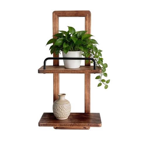 Solid Pine Wood Floating Shelves, Rustic Wall Shelf with Aluminum Anti-Fall Guardrail, Rustic Boho Wall Decor for Living Room, Bathroom, Bedroom Heavy Duty Shelf 20 lbs 2 Tier 16.1" H x 7.9" W - color: Brown