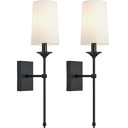 Hardwired Wall Sconces Set of 2, Mid Century Candlestick Style Wall Mounted Sconce with Pure White Cylindrical Shade and Long Slim Stem,for Bathroom Bedroom Living Room - color: Black
