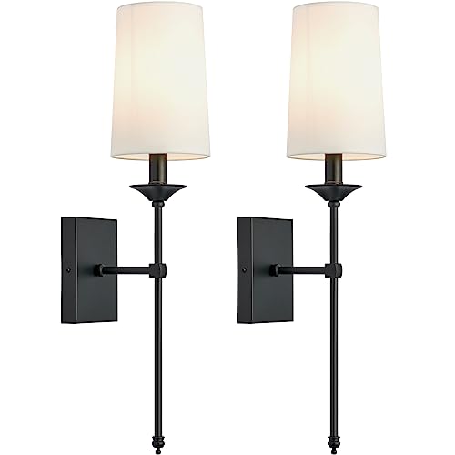 Hardwired Wall Sconces Set of 2, Mid Century Candlestick Style Wall Mounted Sconce with Pure White Cylindrical Shade and Long Slim Stem,for Bathroom Bedroom Living Room - color: Black