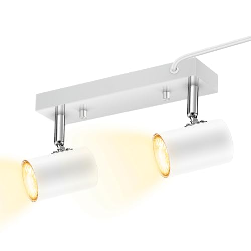 AUQUEE 2 Light Track Lighting Kit,White 2 Way Flexible Plug in Ceiling Spotlight,Industrial LED Wall Light for Kitchen Cabinet Gallery Bar Hallway Living Room,Rocker Switch,15 ft Cord(No Bulb) - color: 2 Light-White