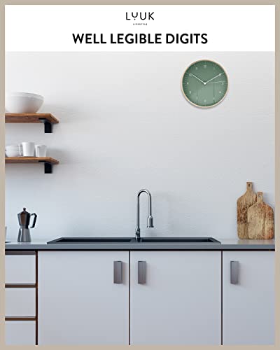 LUUK LIFESTYLE Modern Silent Quartz Wall Clock, 10in, Dark Green & Gold | Designed in Germany, Simple & Elegant, Non-ticking, Analog, Battery operated, Housewarming gift, for Living room, Bedroom - color: Dark Green, 10"