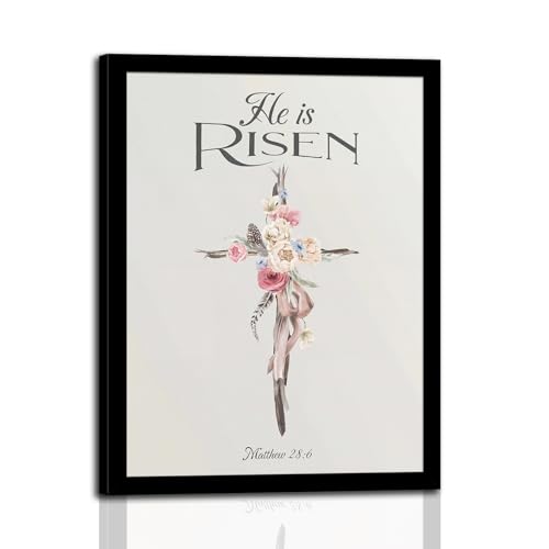 dzbLuck He Is Risen Christian Wall Art, Floral Cross Print in Wood Frame - color: Cross, size: 8"L x 10"W
