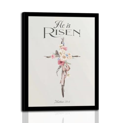 dzbLuck He Is Risen Christian Wall Art, Floral Cross Print in Wood Frame - color: Cross, size: 12"L x 16"W